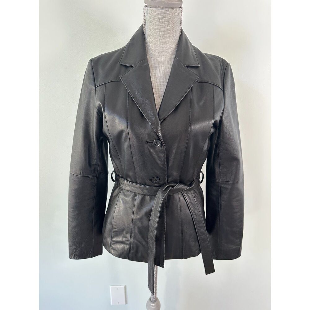 Vintage 90s Black Leather Belted Trench Blazer Jacket Fitted Womens Size M